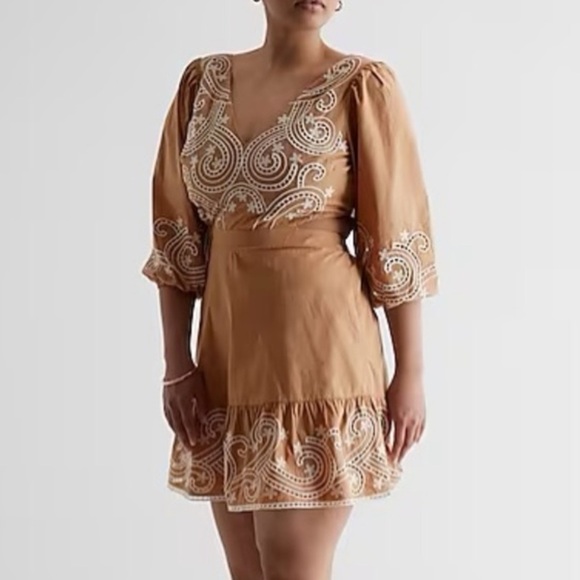 Express tan embroidered v neck open back tie back dress - Picture 13 of 13